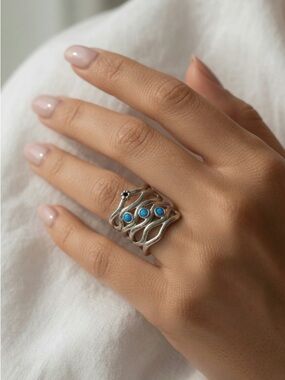 Blue Fire Opal Wave 925 Sterling Silver Ring Sz 6